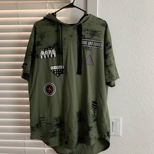 Distressed Green and Black Hooded Shirt with Patches
